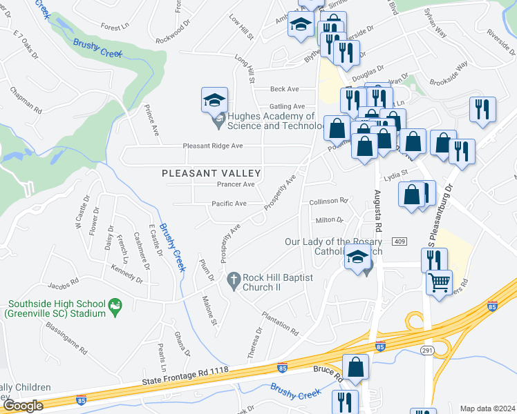 map of restaurants, bars, coffee shops, grocery stores, and more near 9 Pacific Avenue in Greenville