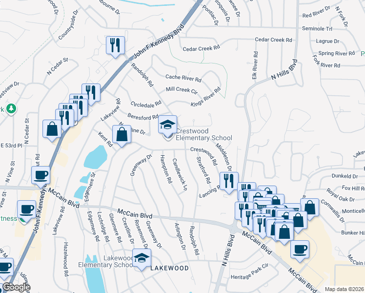 map of restaurants, bars, coffee shops, grocery stores, and more near 5212 Randolph Road in North Little Rock