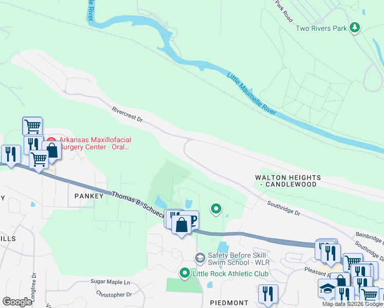 map of restaurants, bars, coffee shops, grocery stores, and more near 12840 Southridge Drive in Little Rock