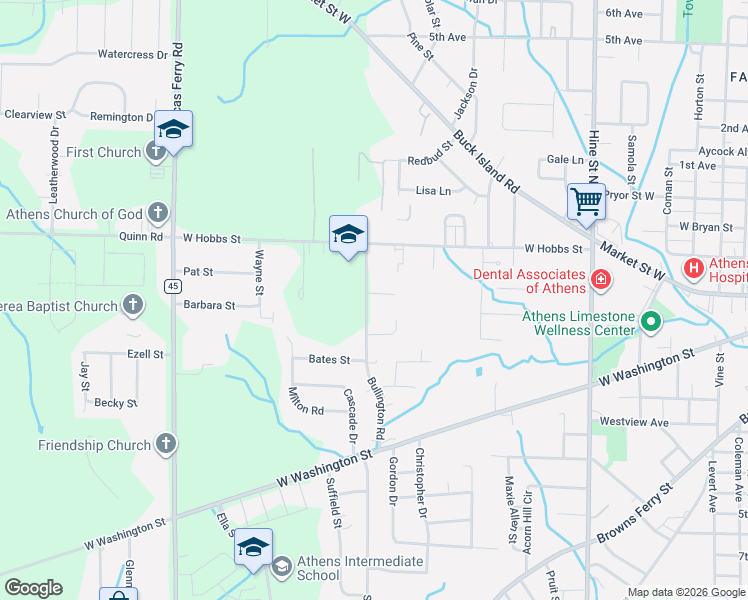 map of restaurants, bars, coffee shops, grocery stores, and more near 204 Bullington Road in Athens