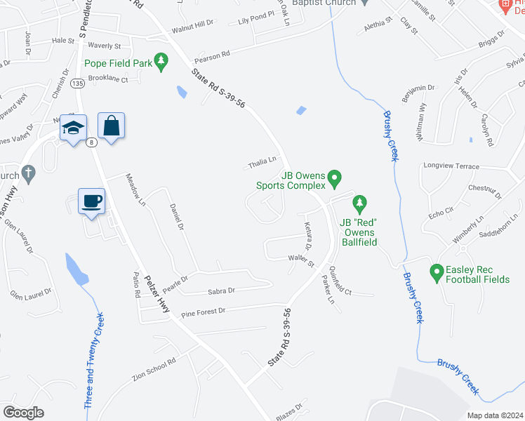 map of restaurants, bars, coffee shops, grocery stores, and more near 105 Glazed Springs Court in Easley