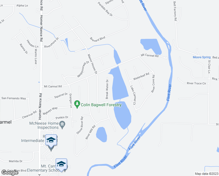 map of restaurants, bars, coffee shops, grocery stores, and more near 115 Break Water Drive in Huntsville