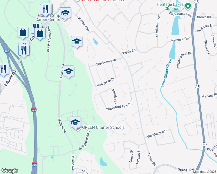 map of restaurants, bars, coffee shops, grocery stores, and more near 115 Whixley Lane in Greenville