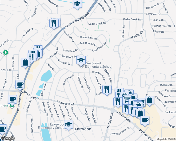 map of restaurants, bars, coffee shops, grocery stores, and more near 5212 Randolph Road in North Little Rock