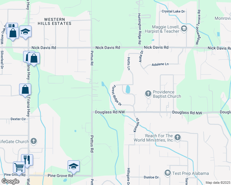 map of restaurants, bars, coffee shops, grocery stores, and more near 125 Forest Ridge Drive in Huntsville
