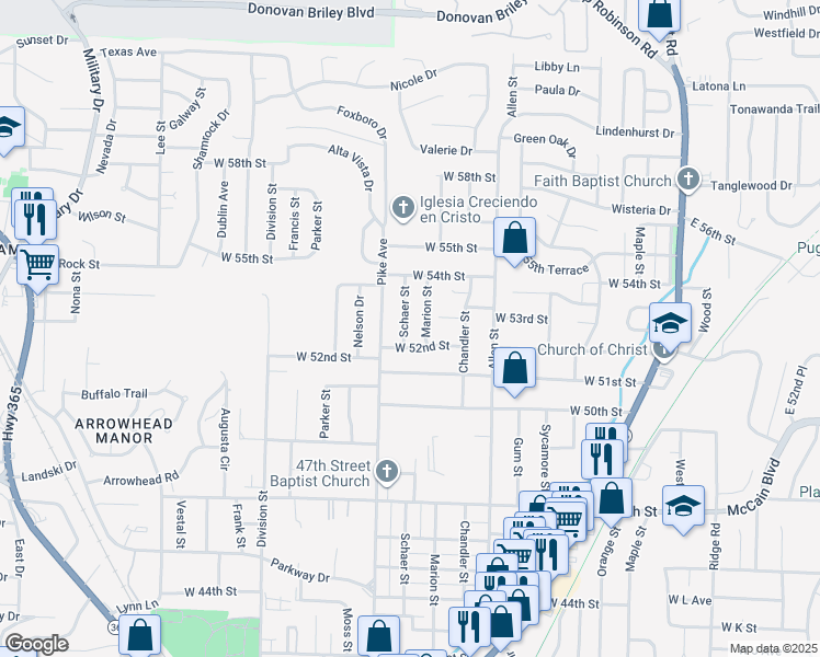 map of restaurants, bars, coffee shops, grocery stores, and more near 5204 Schaer Street in North Little Rock