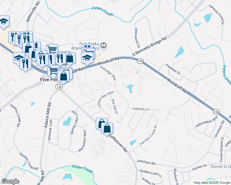 map of restaurants, bars, coffee shops, grocery stores, and more near 3 Bay Hill Drive in Simpsonville