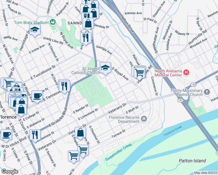 map of restaurants, bars, coffee shops, grocery stores, and more near 304 Plum Street in Florence