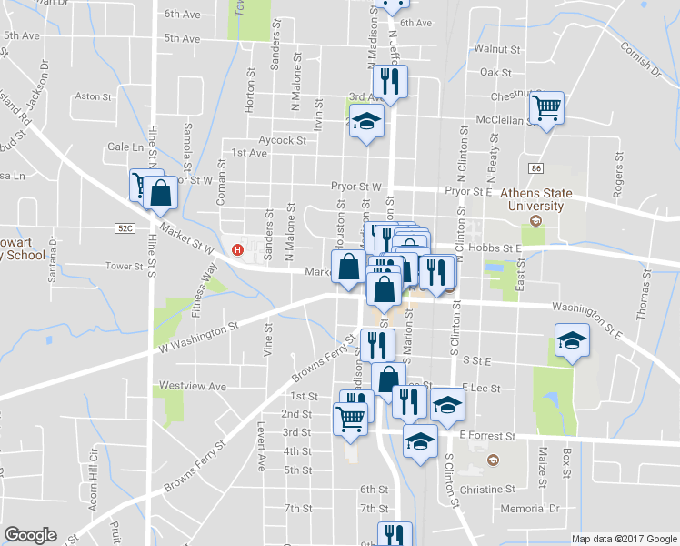 map of restaurants, bars, coffee shops, grocery stores, and more near 481 Buck Island Road in Athens