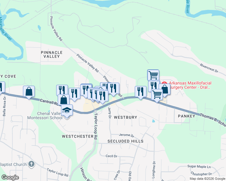 map of restaurants, bars, coffee shops, grocery stores, and more near 5314 Pinnacle Valley Road in Little Rock