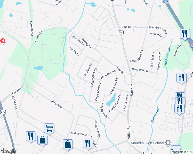 map of restaurants, bars, coffee shops, grocery stores, and more near 100 Royal Oak Road in Greenville