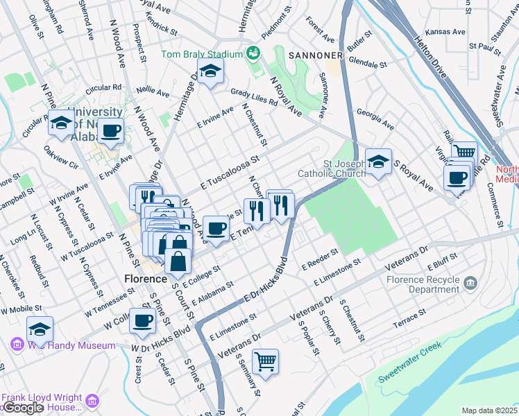 map of restaurants, bars, coffee shops, grocery stores, and more near 511 East Tennessee Street in Florence