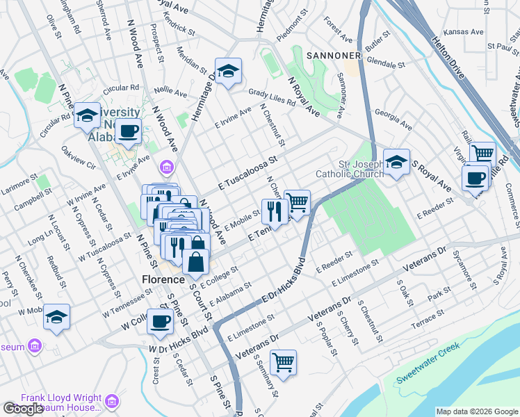map of restaurants, bars, coffee shops, grocery stores, and more near 409 East Mobile Street in Florence