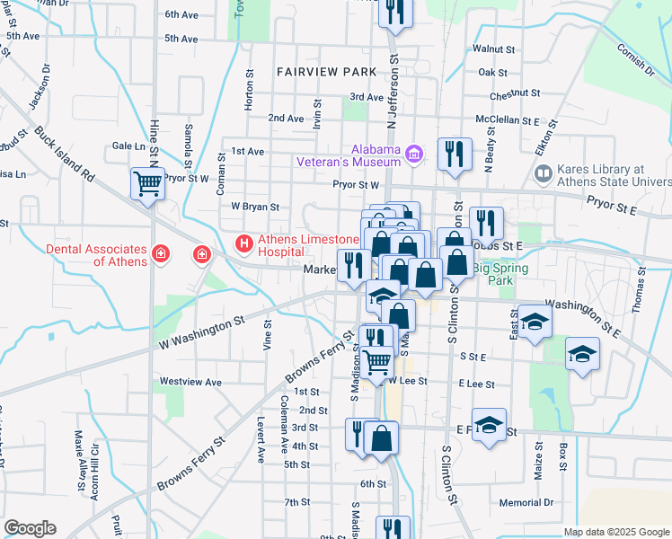 map of restaurants, bars, coffee shops, grocery stores, and more near 101 North Houston Street in Athens