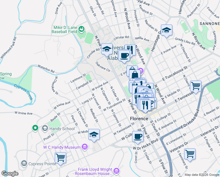 map of restaurants, bars, coffee shops, grocery stores, and more near 441a North Cedar Street in Florence