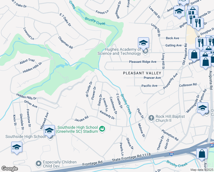 map of restaurants, bars, coffee shops, grocery stores, and more near 57 East Castle Drive in Greenville