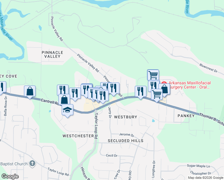 map of restaurants, bars, coffee shops, grocery stores, and more near 5314 Pinnacle Valley Road in Little Rock