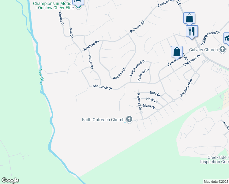 map of restaurants, bars, coffee shops, grocery stores, and more near 106 Timber Lane in Jacksonville