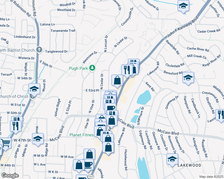 map of restaurants, bars, coffee shops, grocery stores, and more near 5209 John F Kennedy Boulevard in North Little Rock