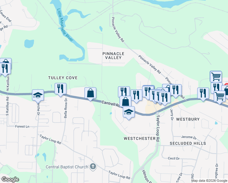 map of restaurants, bars, coffee shops, grocery stores, and more near 15122 Cantrell Road in Little Rock