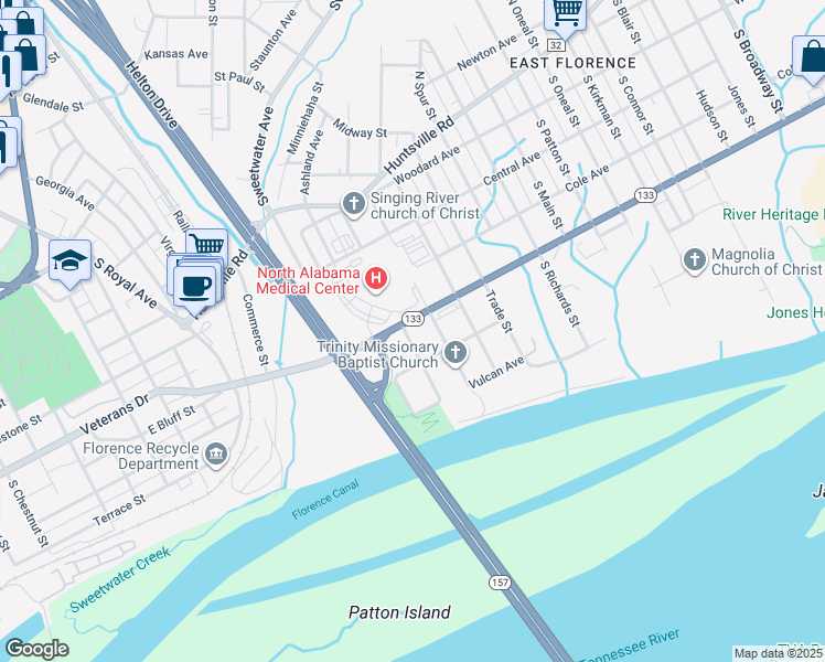 map of restaurants, bars, coffee shops, grocery stores, and more near 1806 Veterans Drive in Florence