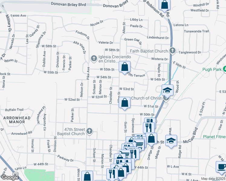 map of restaurants, bars, coffee shops, grocery stores, and more near 5202 Chandler Street in North Little Rock
