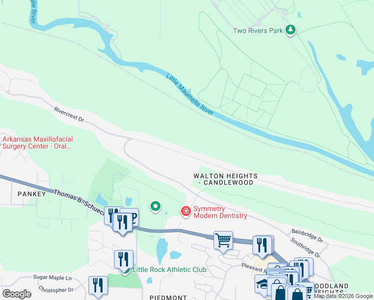 map of restaurants, bars, coffee shops, grocery stores, and more near 12433 Rivercrest Drive in Little Rock