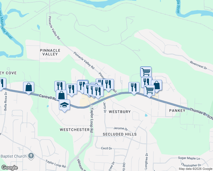 map of restaurants, bars, coffee shops, grocery stores, and more near 5314 Pinnacle Valley Road in Little Rock