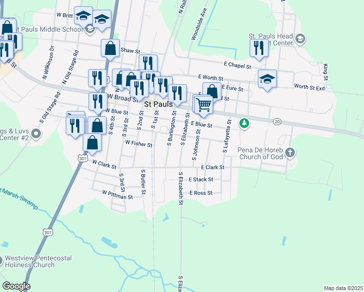map of restaurants, bars, coffee shops, grocery stores, and more near 320 South Elizabeth Street in Saint Pauls