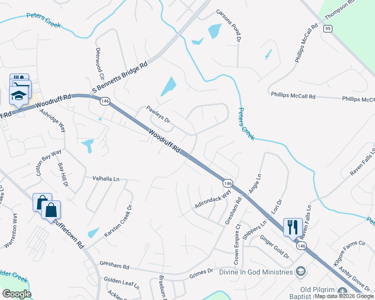map of restaurants, bars, coffee shops, grocery stores, and more near 1 Drayton Hall Road in Simpsonville
