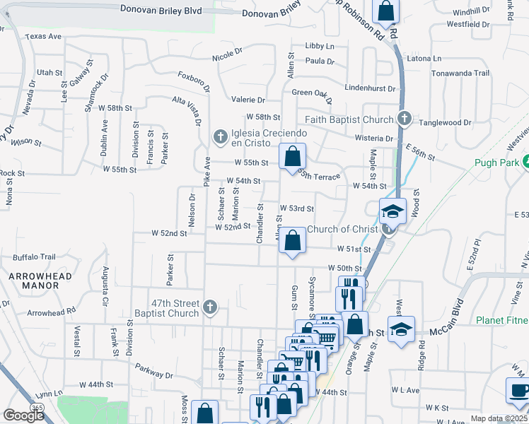 map of restaurants, bars, coffee shops, grocery stores, and more near 5202 Chandler Street in North Little Rock