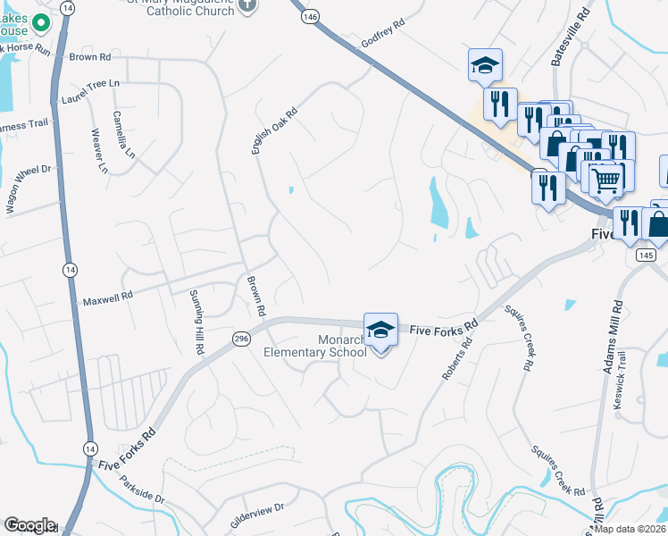 map of restaurants, bars, coffee shops, grocery stores, and more near 349 English Oak Road in Simpsonville