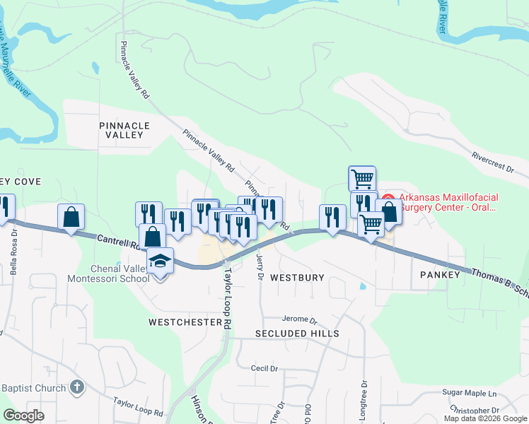 map of restaurants, bars, coffee shops, grocery stores, and more near 5314 Pinnacle Valley Road in Little Rock