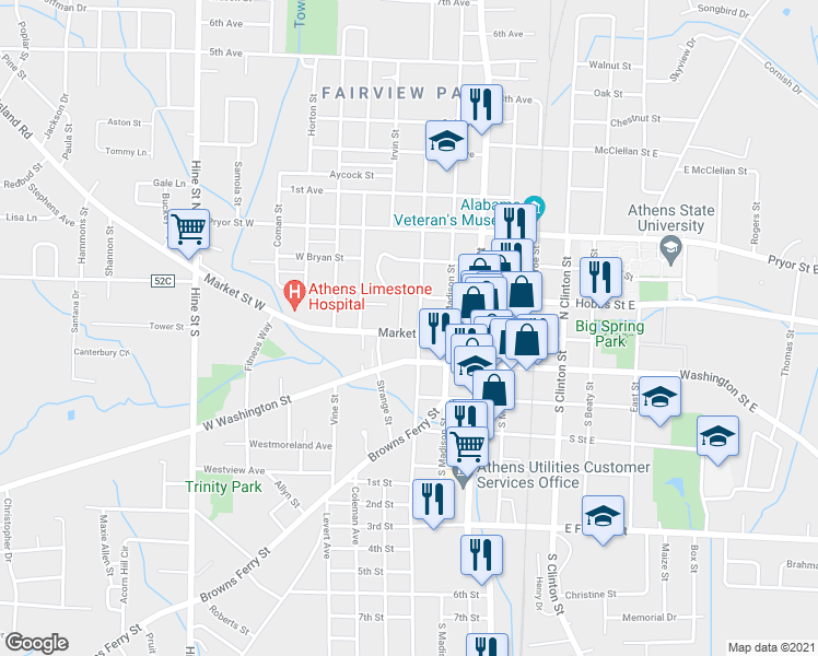 map of restaurants, bars, coffee shops, grocery stores, and more near 101 North Houston Street in Athens