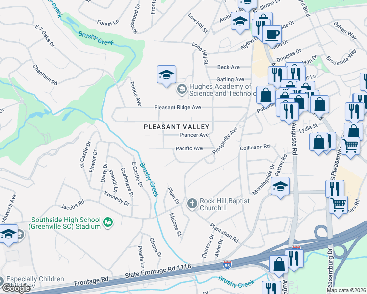 map of restaurants, bars, coffee shops, grocery stores, and more near 25 Pacific Avenue in Greenville