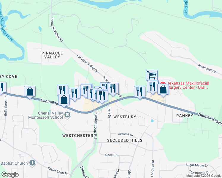 map of restaurants, bars, coffee shops, grocery stores, and more near 5314 Pinnacle Valley Road in Little Rock