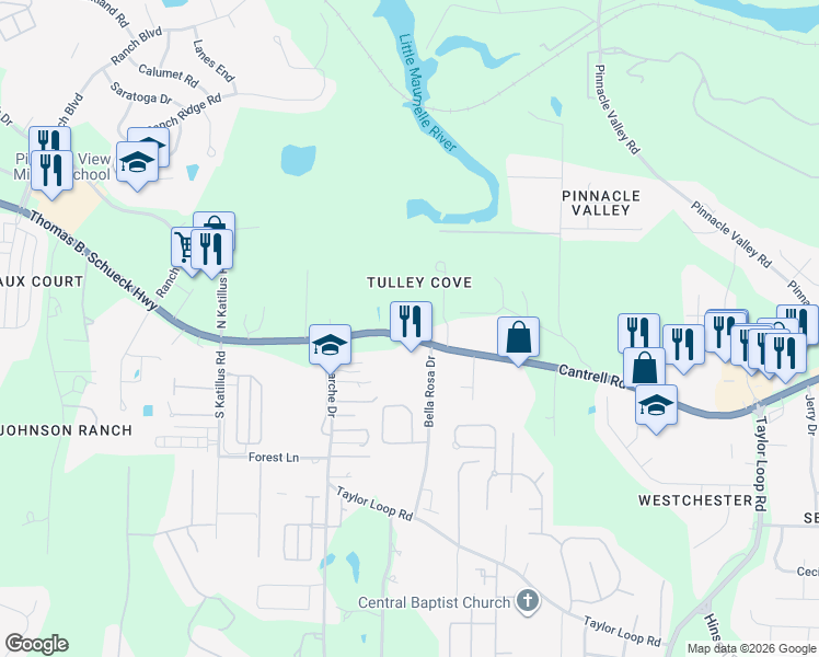 map of restaurants, bars, coffee shops, grocery stores, and more near 16005 Cantrell Road in Little Rock