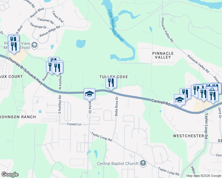 map of restaurants, bars, coffee shops, grocery stores, and more near 16005 Cantrell Road in Little Rock