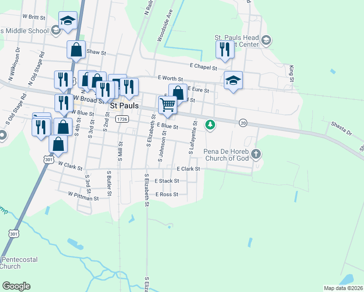 map of restaurants, bars, coffee shops, grocery stores, and more near 322 South Lafayette Street in Saint Pauls