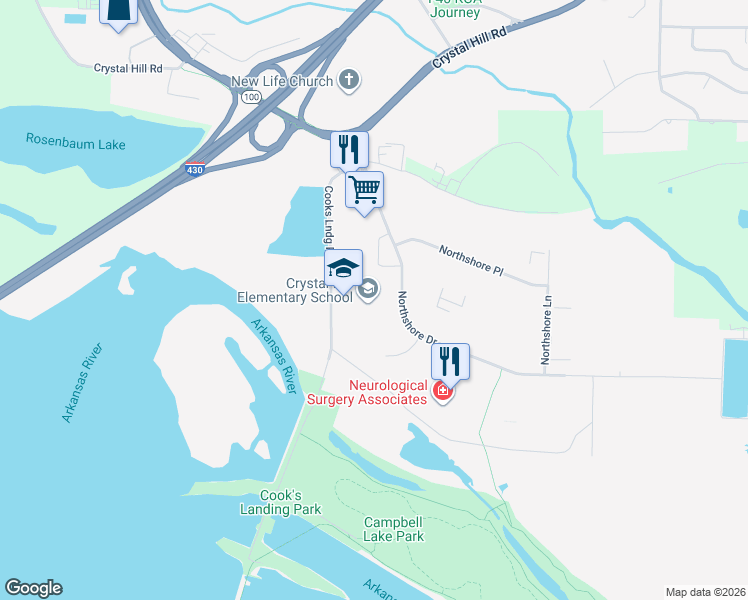 map of restaurants, bars, coffee shops, grocery stores, and more near 5001 Northshore Drive in North Little Rock