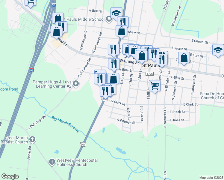 map of restaurants, bars, coffee shops, grocery stores, and more near 343 South 5th Street in Saint Pauls