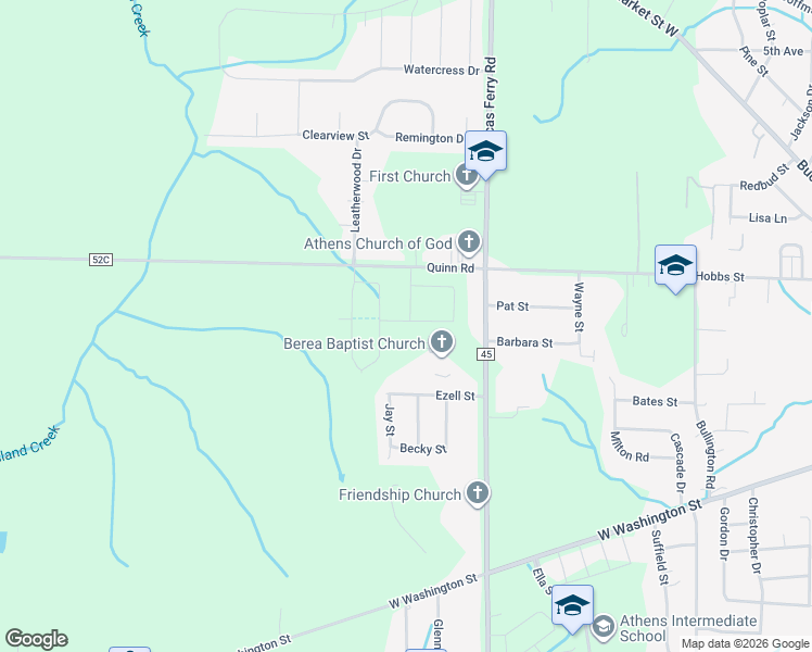 map of restaurants, bars, coffee shops, grocery stores, and more near 16779 Lucas Ferry Road in Athens