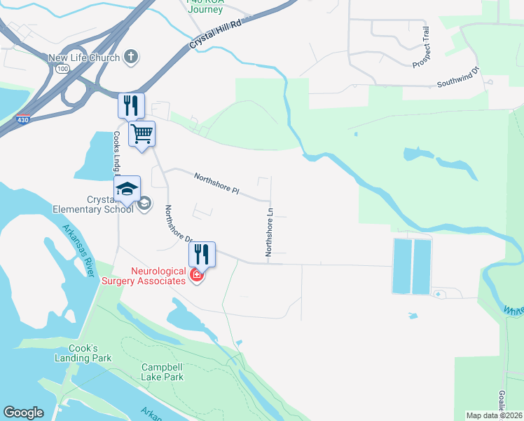 map of restaurants, bars, coffee shops, grocery stores, and more near 5001 Northshore Drive in North Little Rock