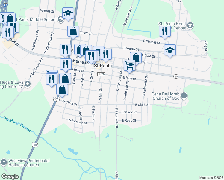 map of restaurants, bars, coffee shops, grocery stores, and more near 348 South Burlington Street in St. Pauls