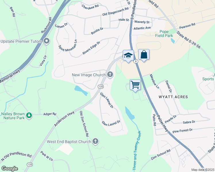 map of restaurants, bars, coffee shops, grocery stores, and more near 198 Brookshire Drive in Easley