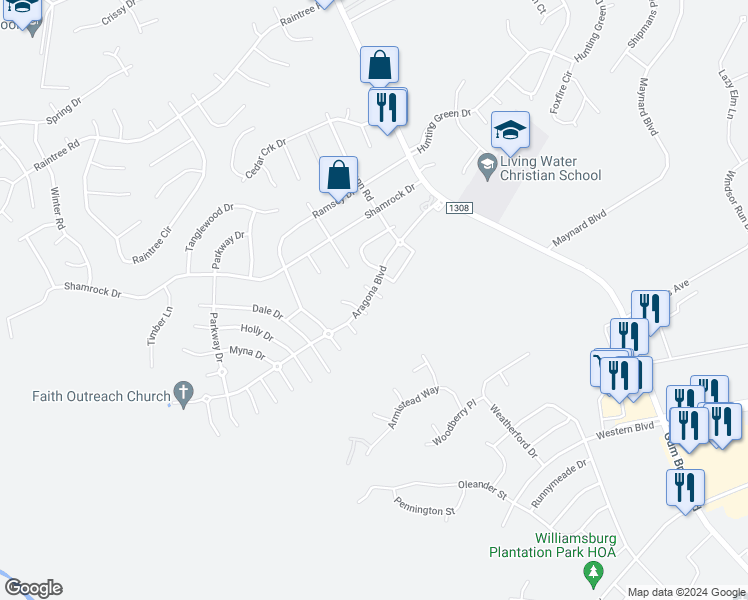map of restaurants, bars, coffee shops, grocery stores, and more near 104 South Hill Court in Jacksonville