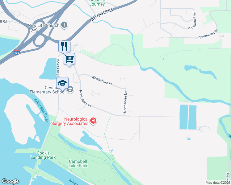 map of restaurants, bars, coffee shops, grocery stores, and more near 7610 Northshore Place in North Little Rock