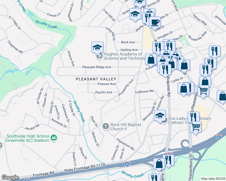 map of restaurants, bars, coffee shops, grocery stores, and more near 9 Pacific Avenue in Greenville