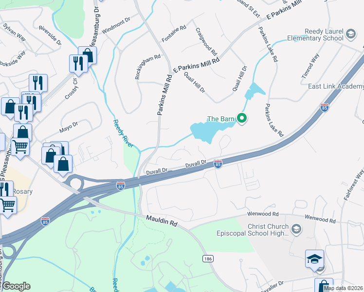 map of restaurants, bars, coffee shops, grocery stores, and more near 111 Springhouse Way in Greenville