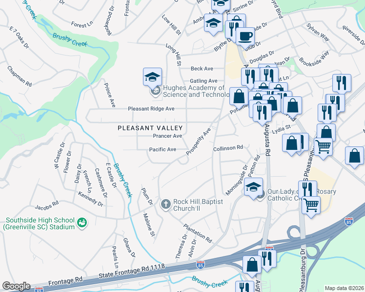 map of restaurants, bars, coffee shops, grocery stores, and more near 9 Pacific Avenue in Greenville